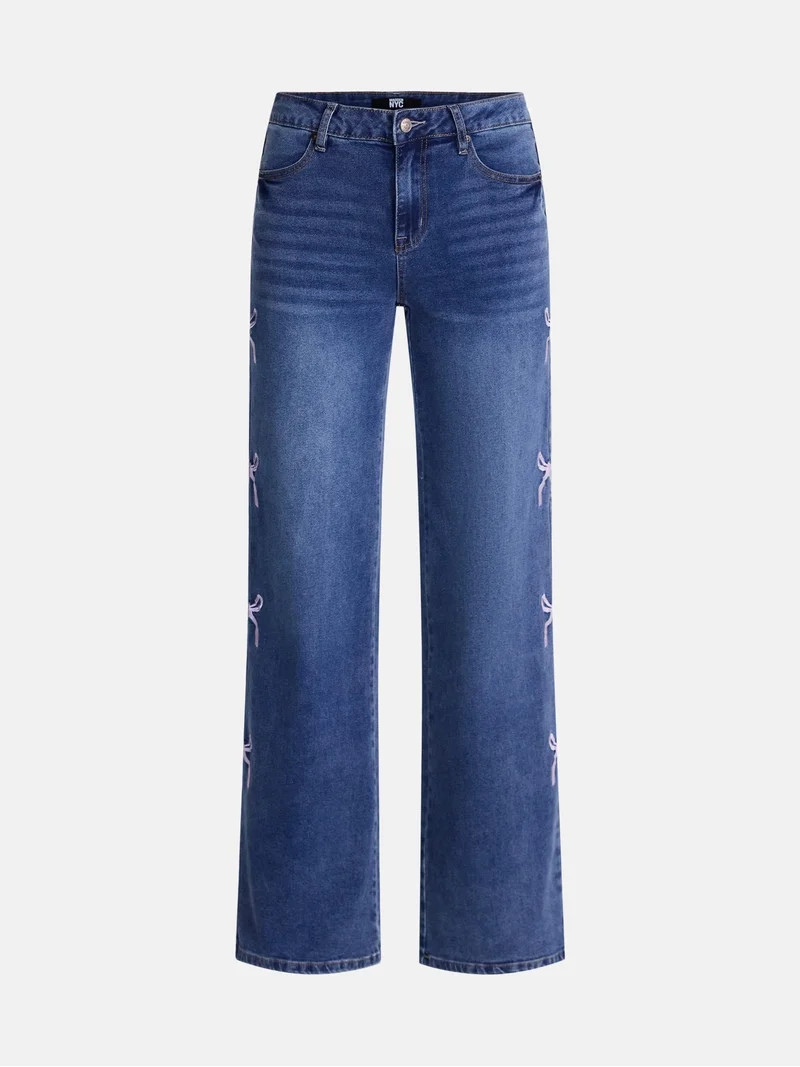 Madden NYC Women\u2019s Ultra 90's Jeans with Bow Embroidery, 32'' Inseam, Sizes 00-18 | Walmart (US)