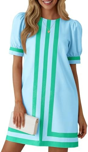 Wenrine Womens Puff Short Sleeve Mini Dress Summer Crewneck Striped Color Block Loose Casual Shif... | Amazon (US)