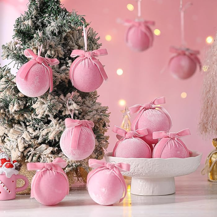Hungdao 12 Pcs Pink Christmas Ornaments Velvet Balls 2.36 Inch Christmas Tree Ornaments Pink Coqu... | Amazon (US)