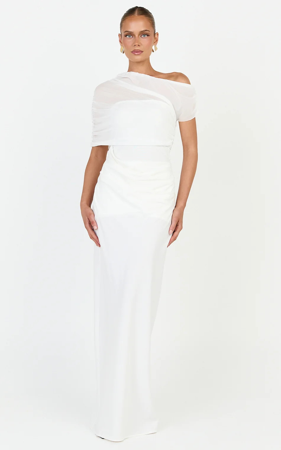 Overlay Off Shoulder Draped Cowl Waist Dress in White | Showpo (ANZ)