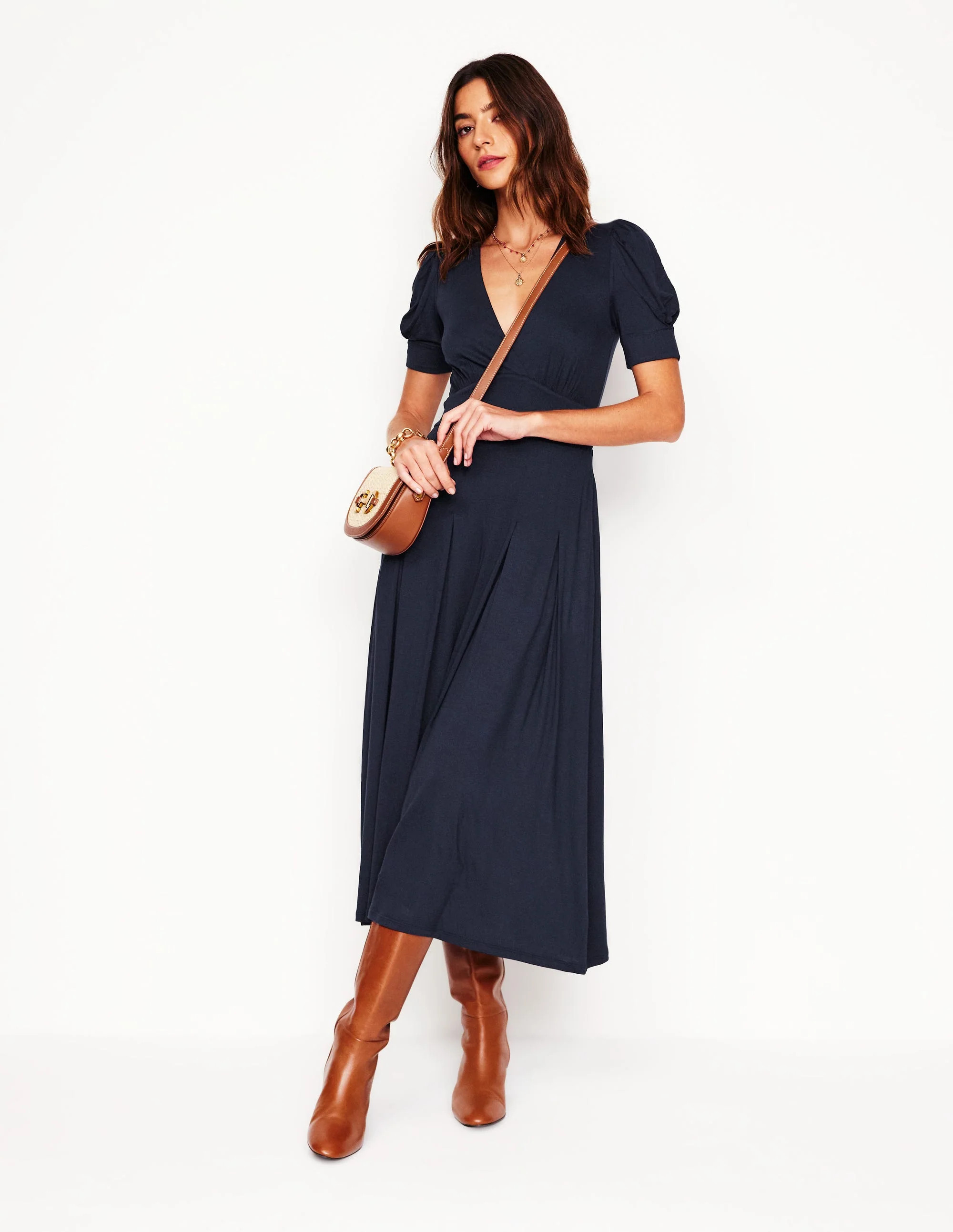 Kristen Pleated Jersey Dress-Navy | Boden (US)