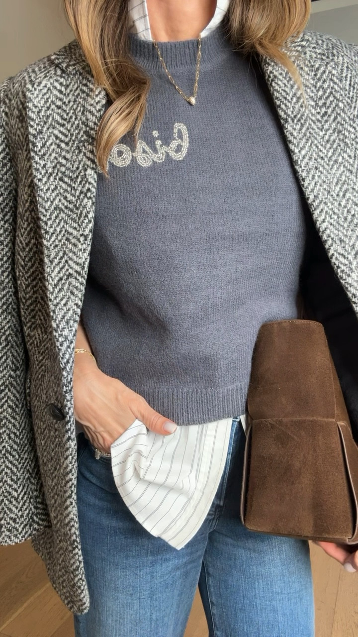 -FRAME Slim palazzo jeans on sale now TTS
-sweater (cursive word means kiss) & blazer sz S on sale now. 
-linked similar pinstripe shirt for under. 
-Suede tote

#LTKStyleTip #LTKSeasonal #LTKSaleAlert