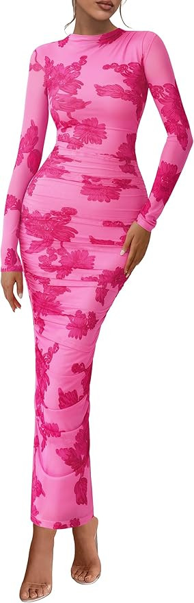 PRETTYGARDEN Womens Long Sleeve Maxi Dresses 2026 Spring Ruched Bodycon Floral Mesh Formal Weddin... | Amazon (US)