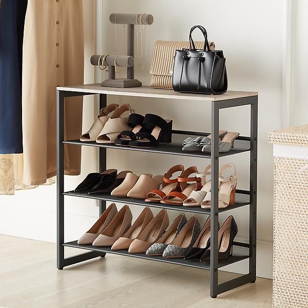 3-Tier Mesh Entryway Shoe Storage w/ Wood Top Graphite | The Container Store