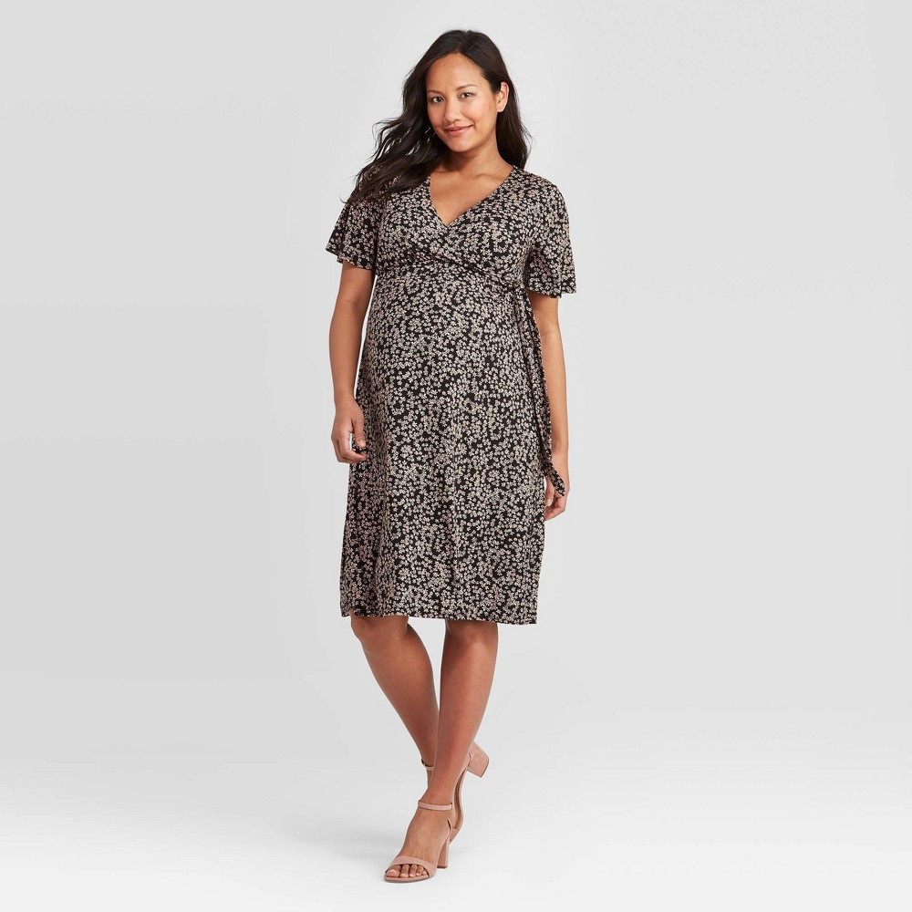 Short Sleeve Knit Wrap Maternity Dress - Isabel Maternity by Ingrid & Isabel Black Floral Print S | Target
