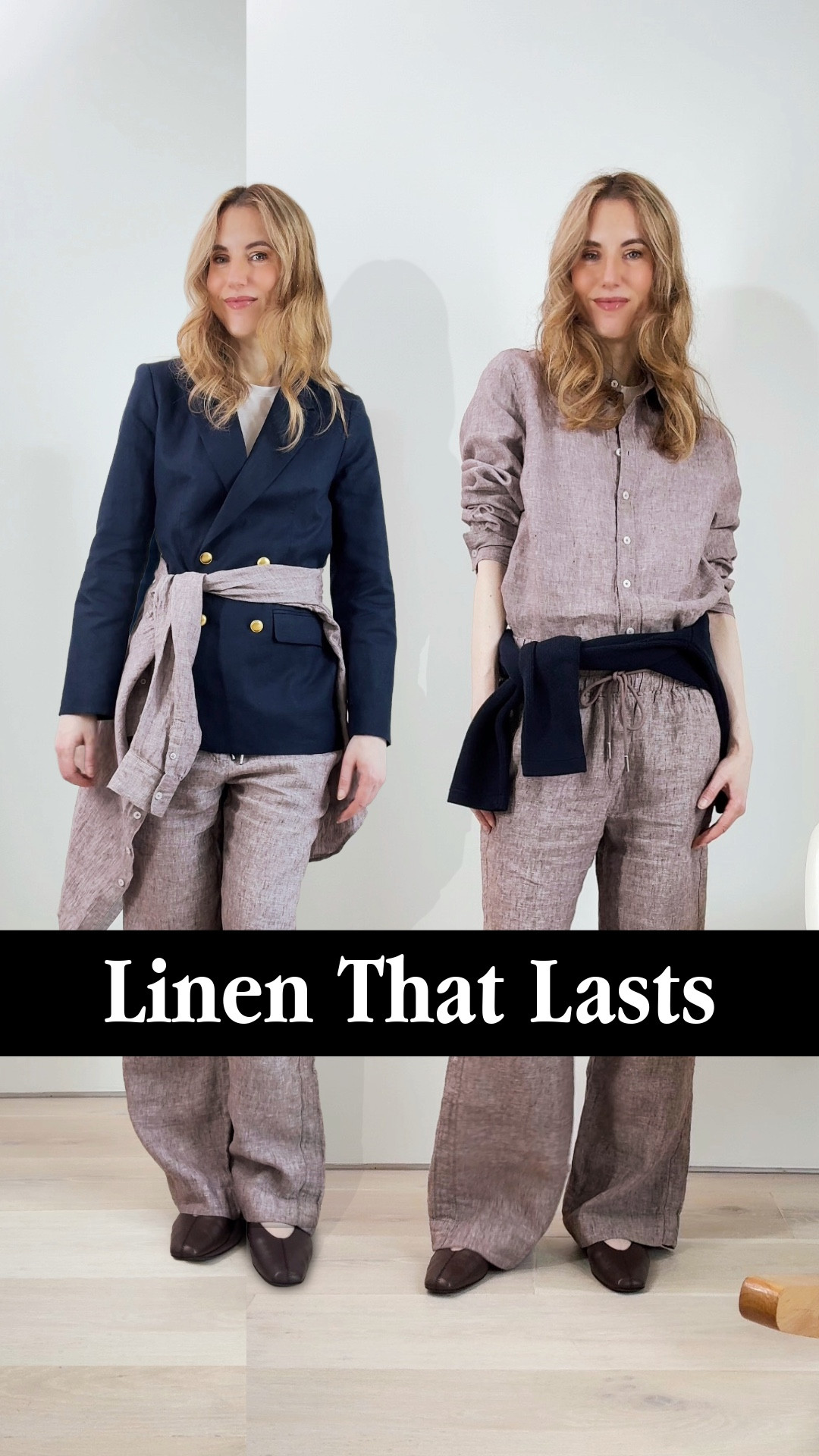 The linen details that hold up wash after wash: structured placket with button spacing tight enough to prevent gaping, wide hem that anchors the drape as fabric relaxes, smooth invisible seams on the blazer plus a cotton lining that breathes in summer. The outseam panel on the pants keeps the leg from rotating as linen softens. 🤍 I'm wearing the linen blazer in deep navy S, linen shirt in taupe brown chambray M, linen wide leg pants in taupe brown chambray S (28" inseam for low waist; go for a longer inseam if wearing it mid or high waist), stretch cotton jersey fitted t-shirt s, organic cotton sweater jacket s navy tied around my waist. I'm 5'7" 🤍 #quincepartner @onequince 🤍 linen pants | linen blazer | linen shirt | wide leg pants | summer workwear | capsule wardrobe | linen outfit | effortless style | summer basics | modern classic style | breathable summer | Quince linen

#LTKWorkwear #LTKootd #LTKSeasonal