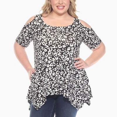 Plus Size Cold Shoulder Leopard Print Short Sleeve Tunic Top Black 1X -White Mark | Target