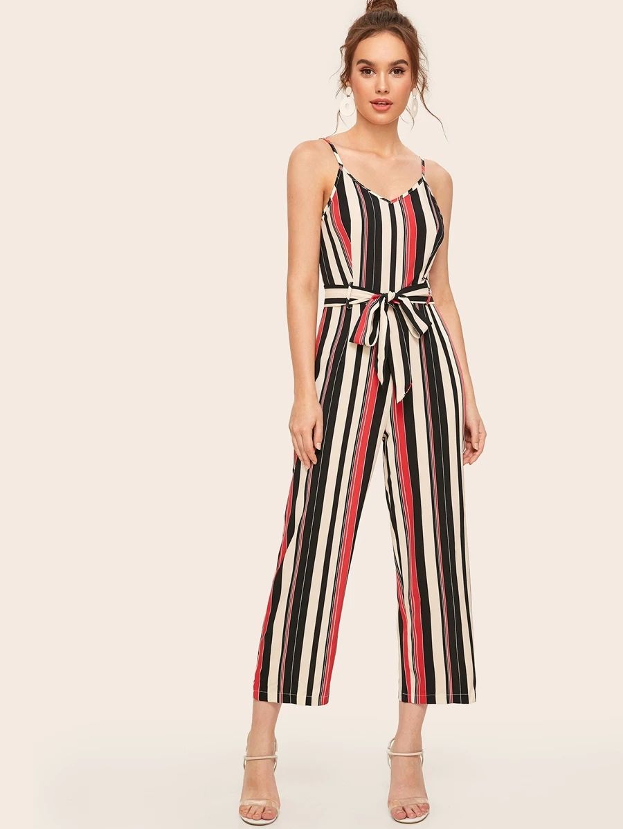 Striped Belted Cami Jumpsuit | SHEIN