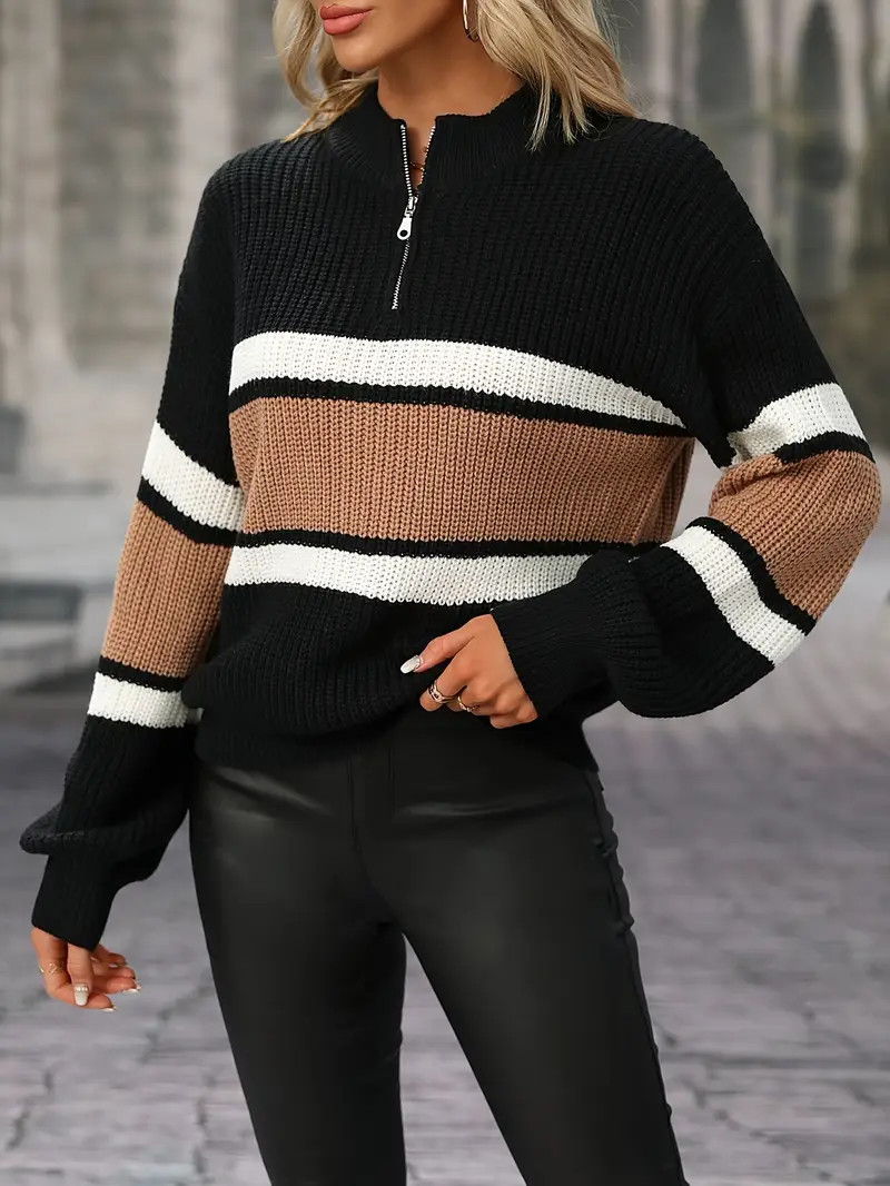 Striped Half Zip Pullover Sweater Elegant Long Sleeve Drop - Temu | Temu Affiliate Program