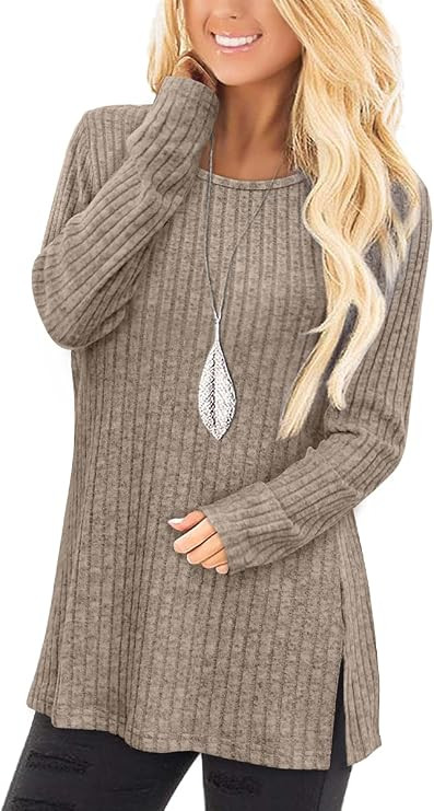 Jescakoo Long Sleeve Shirts for Women Crew Neck Fall Tops Side Split Lightweight Tunic Sweaters F... | Amazon (US)