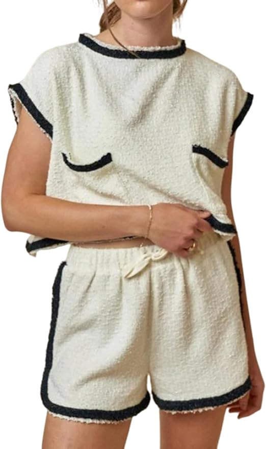 Women's Summer Tweed Sets Pullover Tops Vest High Waist Shorts Color Block Trim 2 Piece Outfits w... | Amazon (US)