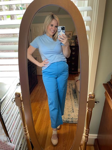 Straight leg chino, blue pants, cropped pants, t-shirt for women, teacher outfit, SAHM outfit, mom outfit, spring work outfit 

#LTKfindsunder50 #LTKfindsunder100 #LTKover40