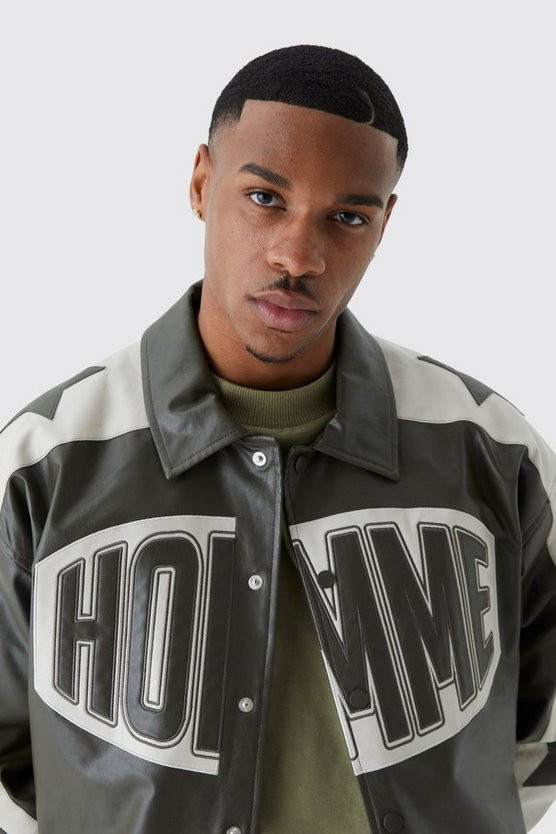 Boxy Homme Pu Badge Collared Varsity Jacket | boohooMAN (DE, IE & UK)