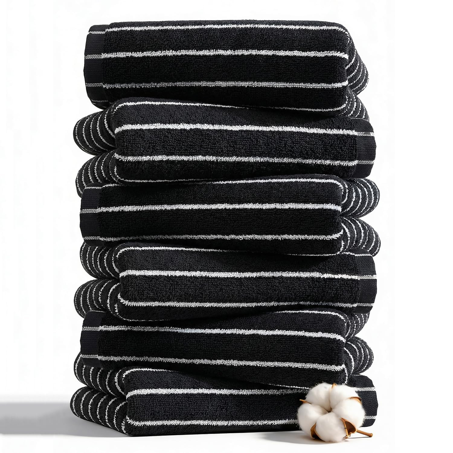 Premium Cotton Striped Hand Towels, White with Black Stripes, 13 x 29 Inches, Lightweight Quick-D... | Amazon (US)
