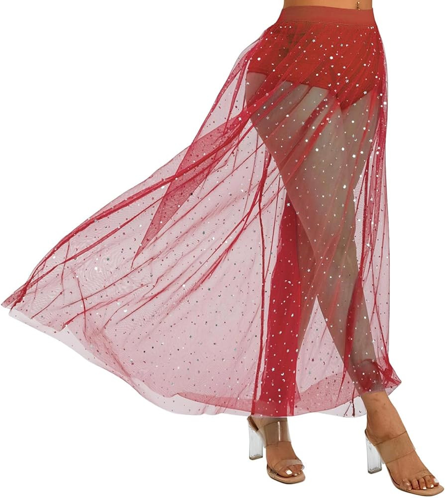 Rave Outfits for Women 2 in 1 Sheer Skirt Festival Clubwear Mesh High Waist Print A Line Maxi Ski... | Amazon (US)