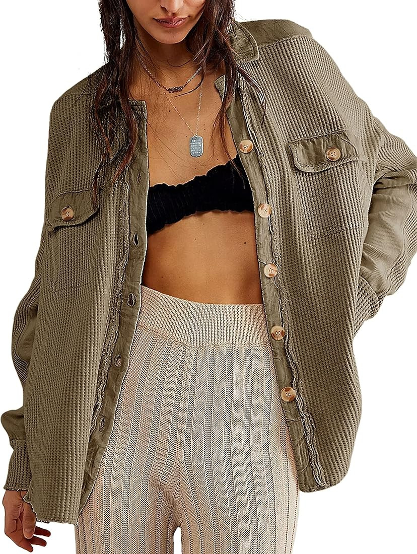 Women's Oversized Waffle Knit Shacket One Scout Jacket Boyfriend Button Down Long Dolman Sleeve S... | Amazon (US)