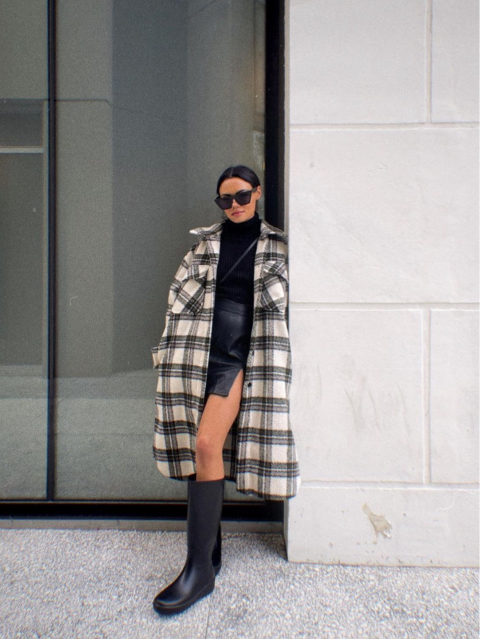 plaid coat, black turtleneck, faux leather mini skirt, black rain boots #fallstyle #fallfashion 

#LTKBacktoSchool #LTKSeasonal #LTKFind