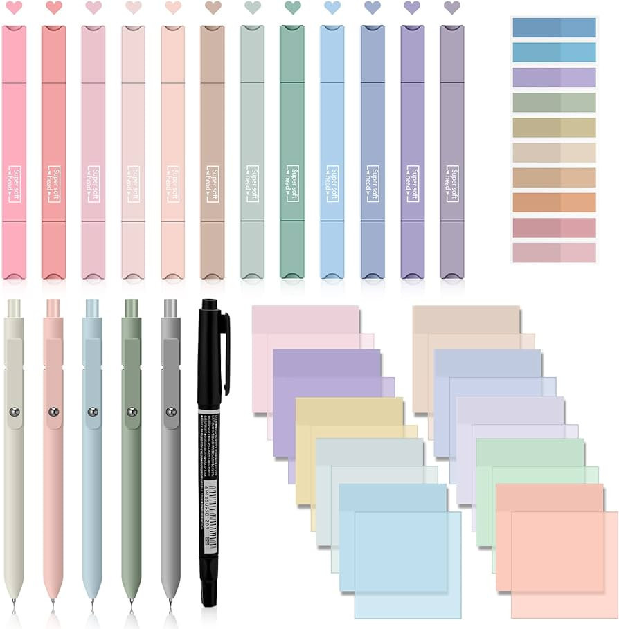 29 Pcs Aesthetic Highlighters Gel Pens Set Transparent Sticky Notes Sticky Tabs Black Markers Tra... | Amazon (US)
