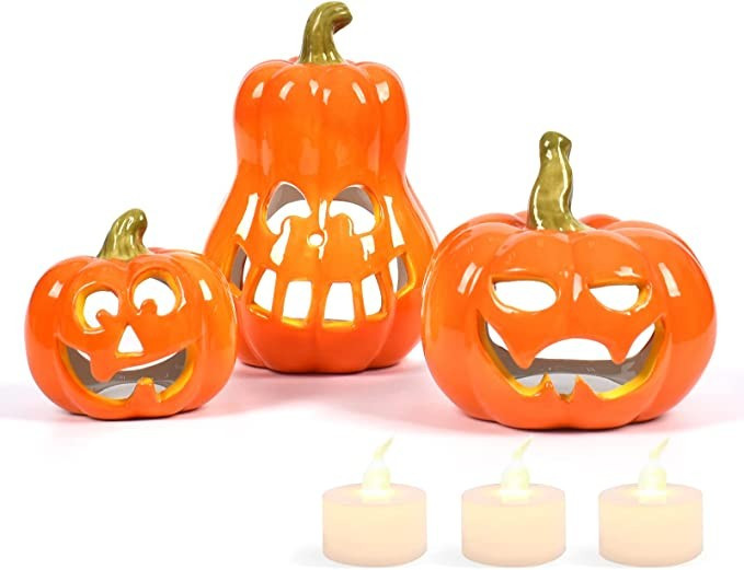 Amazon.com: Sunlit Ceramic Pumpkin with 3 Tea Lights, Jack-O-Lantern Candle Holder Set of 3, Tabl... | Amazon (US)