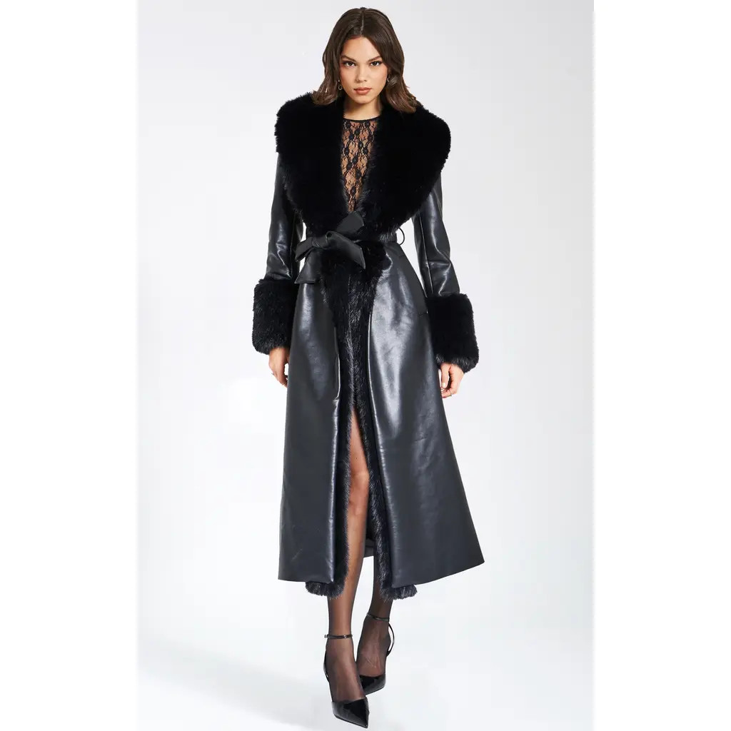 Miss Circle Zaida Full-Length Vegan Leather Fur Trim Coat in Black at Nordstrom, Size X-Small | Nordstrom