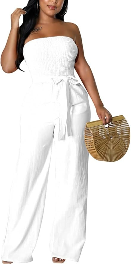 FairyLove Women's Strapless Tube Top Rompers Casual Off Shoulder Printed Sleeveless Belted Wide L... | Amazon (US)