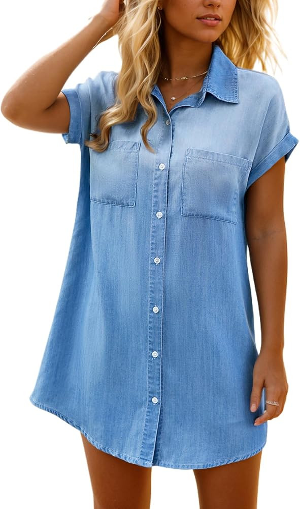 Women's Summer Short Sleeve Button Down Denim Shirt Dress Distressed Jean Dresses Chambray Dress | Amazon (US)