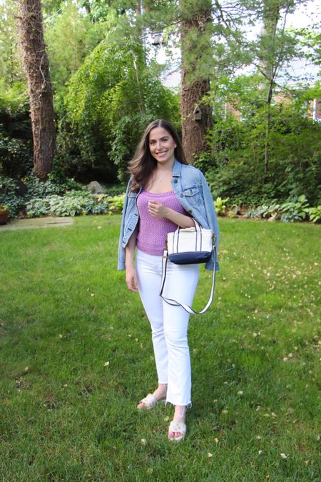 Crochet for summer: yay or nay?
Rented this top from @amylittleson ‘s new rental company: A la mode! 

Crochet top, crochet tank Top, date night outfit, white jeans, white flare jeans, boat and tote, ironic boat tote, crossbody bag, beach outfit, Montauk, Hamptons, espadrilles, denim jacket, jeans jacket

#LTKSeasonal #LTKunder100 #LTKitbag