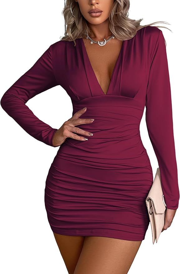 Halife Womens Sexy V Neck Ruched Bodycon Dress Long Sleeve Sexy Party Club Tight Fitted Short Dre... | Amazon (US)