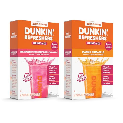 Dunkin’ Refreshers Singles To Go! Powdered drink mix packets, Strawberry Dragon fruit Lemonade & Mango Pineapple, Energy from Green Tea, aspartame-free, no synthetic colors, just add water | Amazon (US)