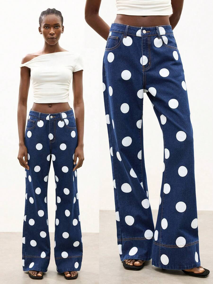 Maija Women's Blue Jeans, Low-Rise Straight Leg, Summer Casual Polka Dot Pants, | SHEIN