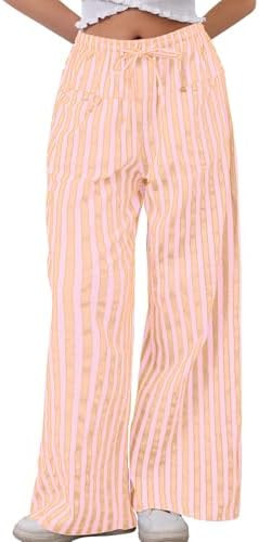 MISSACTIVER Women Drawstring Striped Pants Loose Wide Leg Trousers Casual Low Waist Pants Comfy L... | Amazon (US)
