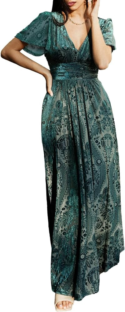 Simplee Women Boho Floral Maxi Dress Flowy Casual V Neck Short Sleeve Wedding Guest Holiday Beach... | Amazon (US)