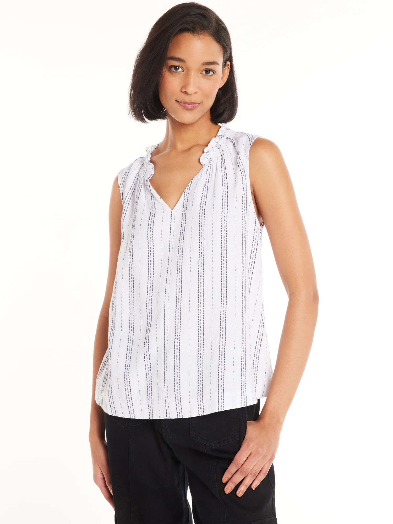 Time and Tru Ruffle Neck Linen Blend Top Sizes XS-XXXL | Walmart (US)