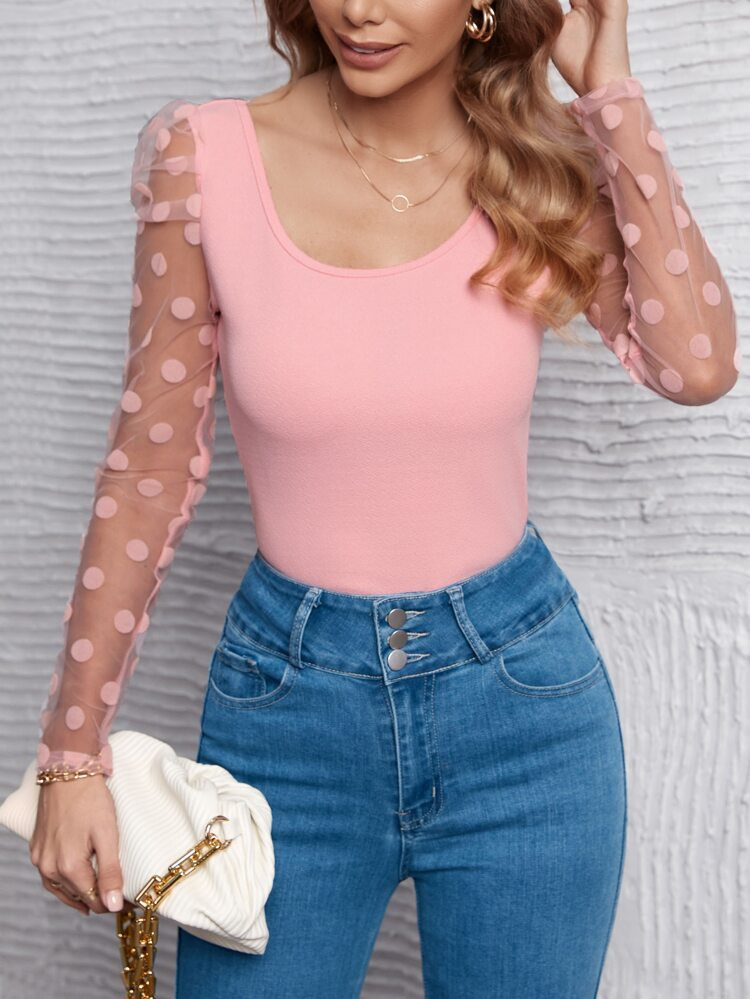 Polka Dot Mesh Puff Sleeve Scoop Neck Top | SHEIN