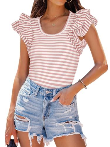 ZESICA Women's Ruffle Short Sleeve Striped T Shirts 2024 Summer Scoop Neck Slim Fitted Causal Bas... | Amazon (US)