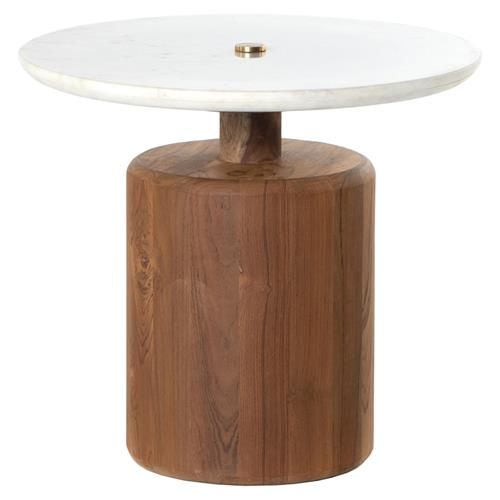 Landon Mid Century Modern White Marble Top Natural Teak Round End Table | Kathy Kuo Home