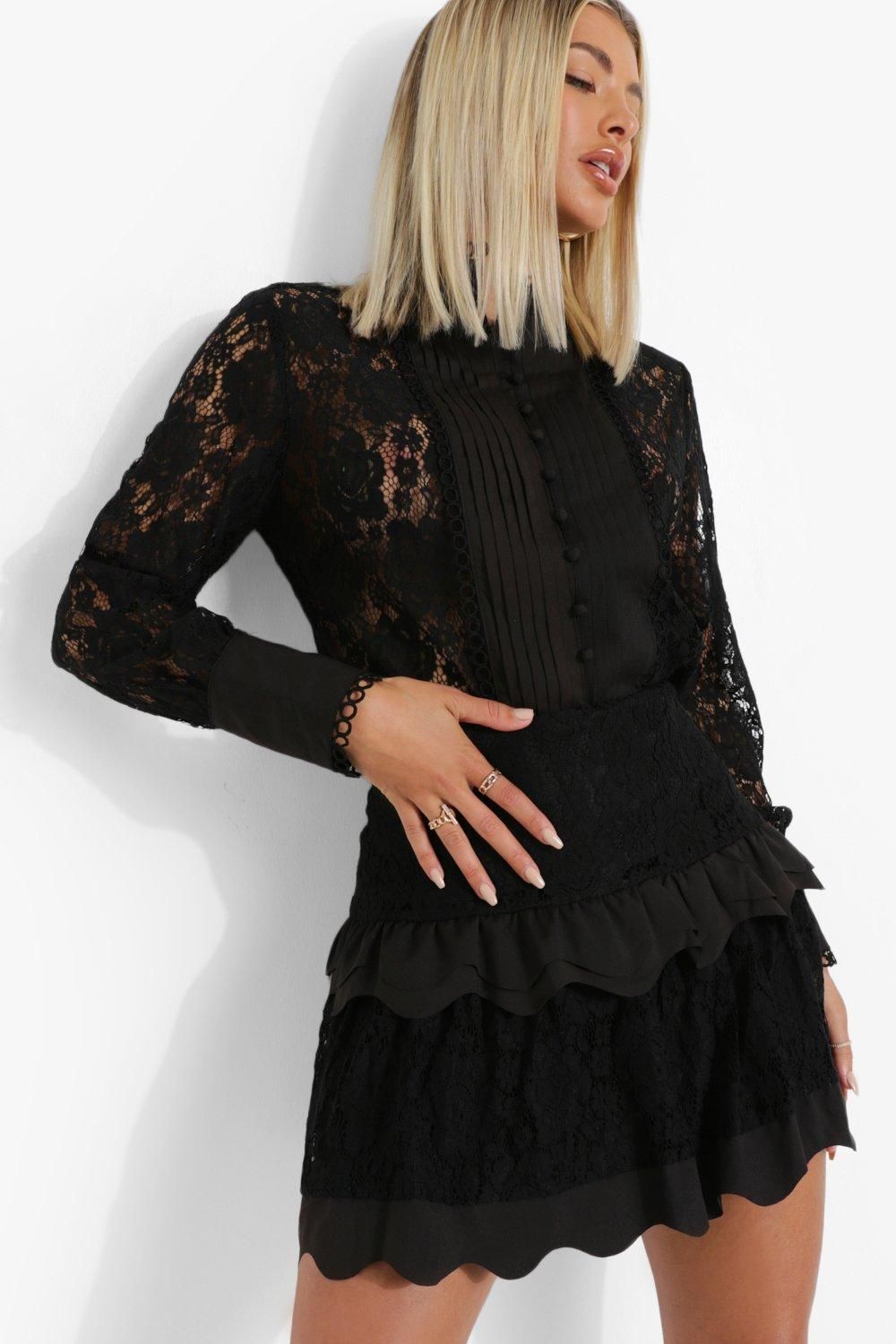 Womens Lace Pep Hem Skirt - Black - 2 | Boohoo.com (US & CA)