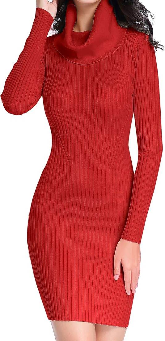 v28 Sweater Dress for Women Ribbed Knit Fitted midi Sexy Fall Winter Bodycon Cowl Neck Dresses | Amazon (US)