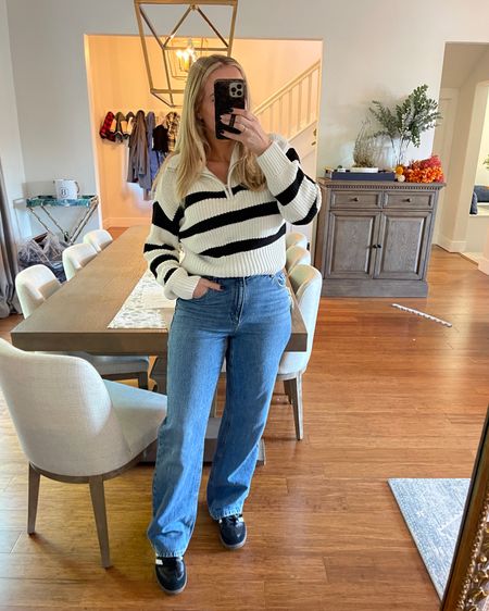 The best wide leg Jeans I’ve ever found! Fit true to size. Half zip sweater fora true to size as well. - dynamite clothing - adidas sambas - best jeans - fall sweaters - casual outfit 

#LTKfindsunder50 #LTKfindsunder100 #LTKstyletip