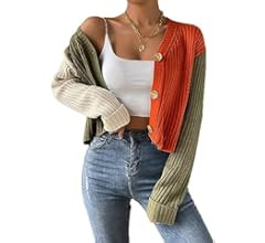 SHENHE Women's Color Block Open Front Long Sleeve Ribbed Knit Cropped Cardigan Sweaters | Amazon (US)
