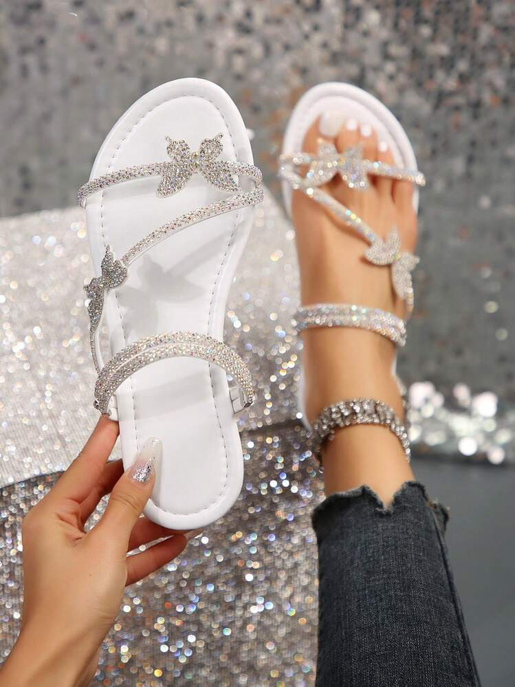 Colorful Crystal Bow Tie Dual Wear Women Sandals, Slip-On Slide Flats Suitable For Outdoor, Party, Casual, French Fashion Style, Silver | SHEIN