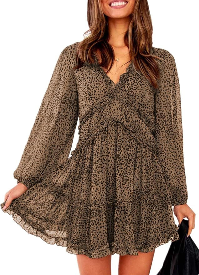 Eytino Women Sexy V Neck Long Sleeve Open Back Printed Mini Short Dresses(S-XL) | Amazon (US)