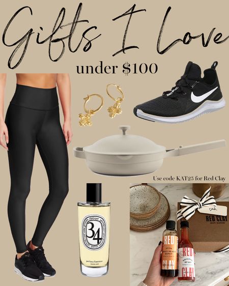 Kat Jamieson of With Love From Kat shares her favorite gifts under $100. Leggings, charm earrings, room spray, Nike shoes, hot sauce. Use code KAT25 for 25% off Red Clay!

#LTKGiftGuide #LTKunder100 #LTKhome