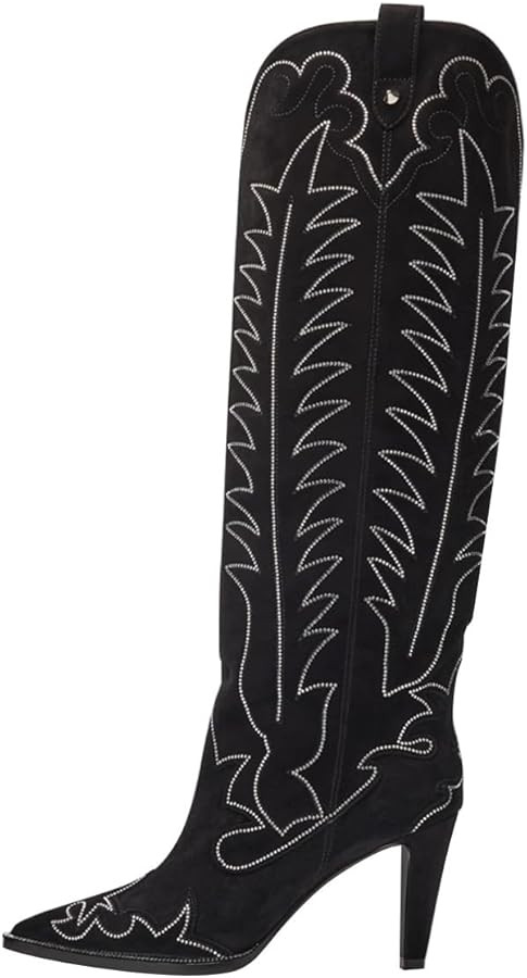 FSJ Women Pointed Toe Cowboy Boots Embroidered Chunky High Heel Knee High Boots Western Pull On F... | Amazon (US)