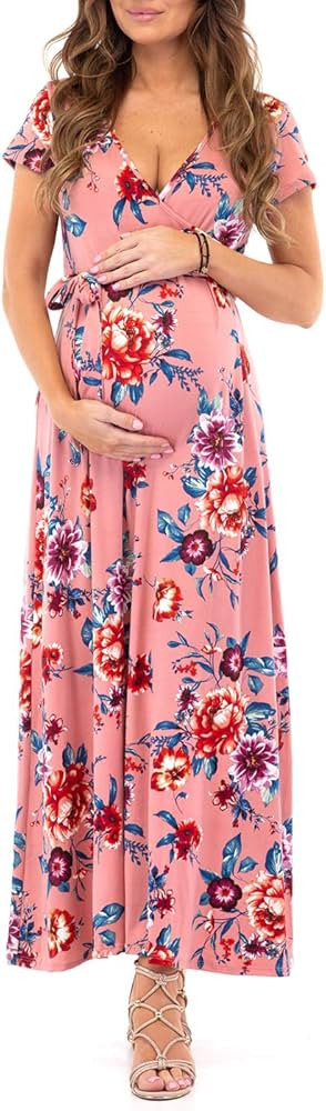 Mother Bee Maternity Long or Hi-Low Faux Wrap Dress with Adjustable Belt | Amazon (US)