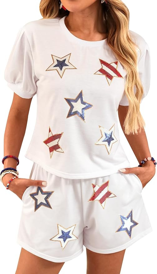 For G and PL Womens 4th of July American Flag Sequins Outfits Short Sleeve Crewneck Two Piece Sho... | Amazon (US)