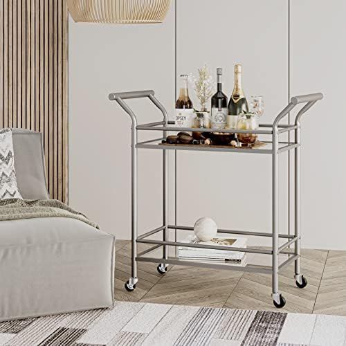 Bar Cart for Home with 2 Tier Tempered Glass Shelves, Metal Frame Bar Serving Cart with Lockable Cas | Amazon (US)
