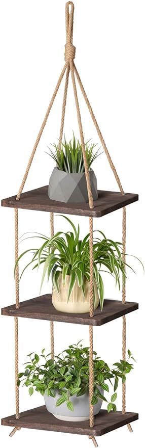 Mkono 3 Tier Hanging Plant Shelf Wood Planter Hanger Pot Holder with Jute Rope Rustic Decorative ... | Amazon (US)