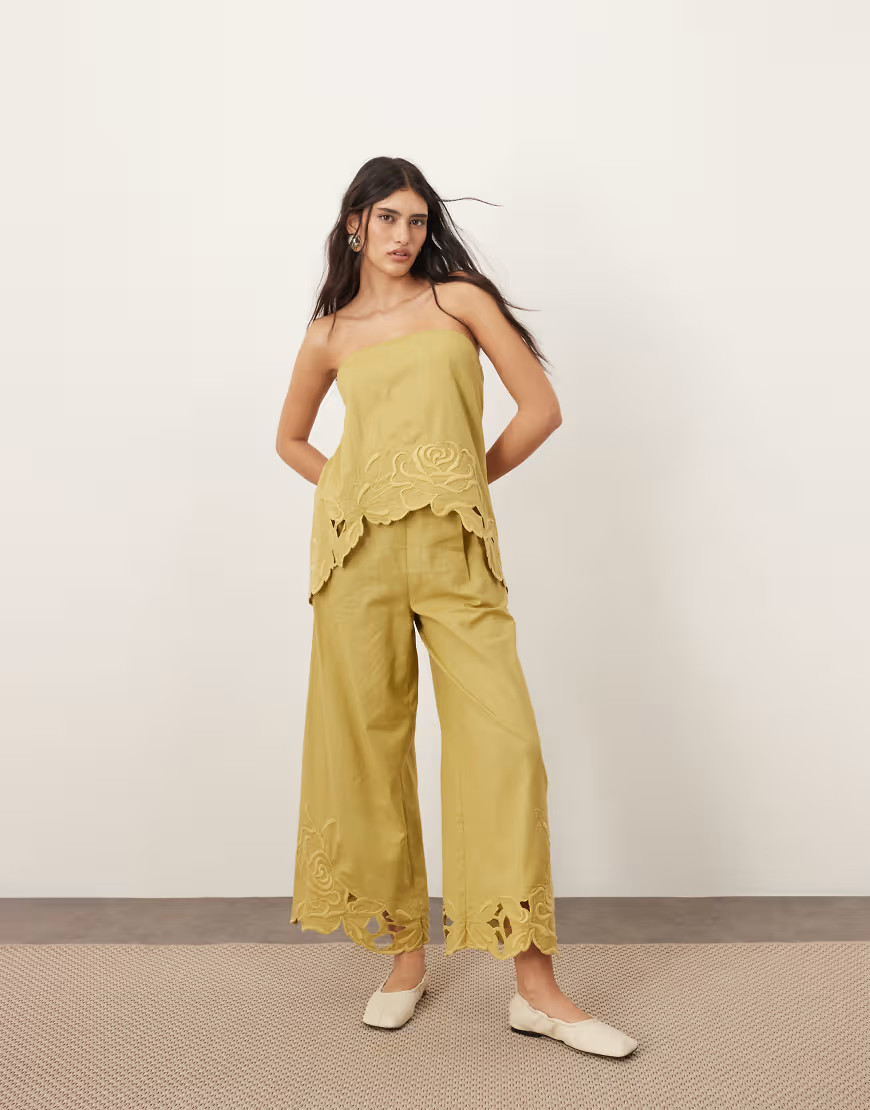 ARRANGE cotton embroidered floral cutwork pants in olive green - part of a set | ASOS (Global)
