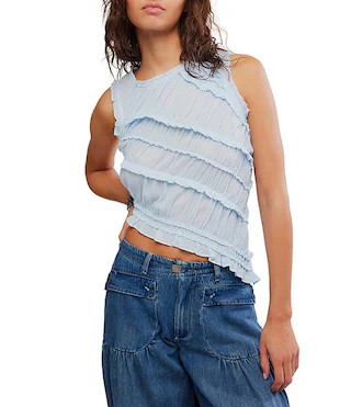 Pink Sands Smocked Crew Neck Sleeveless Asymmetric Hem Tank Top | Dillard's